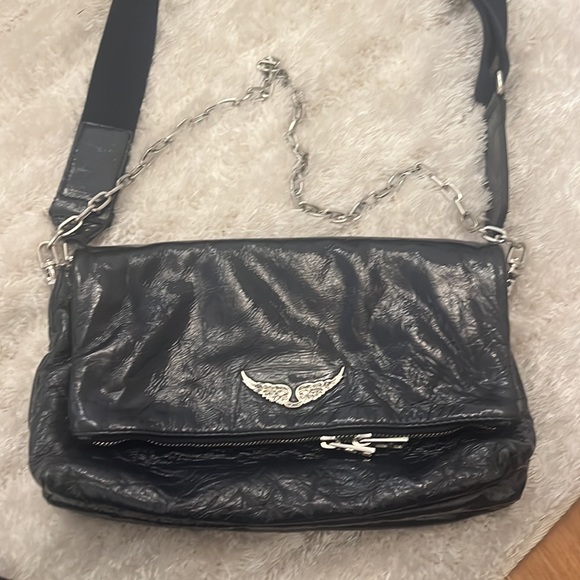 Zadig & Voltaire Navy Blue Crackled Patent Leather Rock Shoulder Bag - Picture 6 of 10